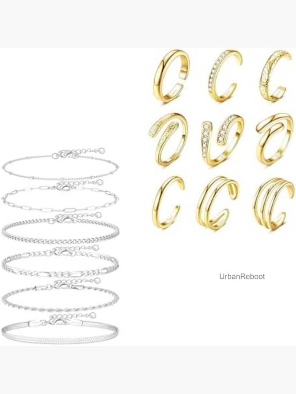 14K Gold Filled Toe Rings & Ankle Bracelets Set Waterproof - 9 Pieces